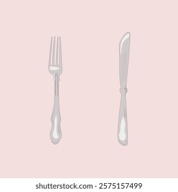 Fork and knife flat vector illustration. Flat thin outline restaurant cutlery for dining isolated on a white background designed for pub, cafe, and food court symbol or logo.