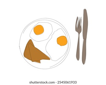 Fork, knife, fried egg and bread on plate icon vector line continuous drawing illustration. Tasty breakfast menu  Hand drawn linear silhouette. Hand made vector not AI.