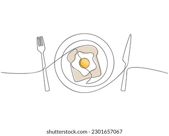 Fork, knife, fried egg on toast on plate icon vector line continuous drawing illustration. Hand drawn linear silhouette. Minimal outline design, print, banner, card, poster, menu, logo, sign, symbol.