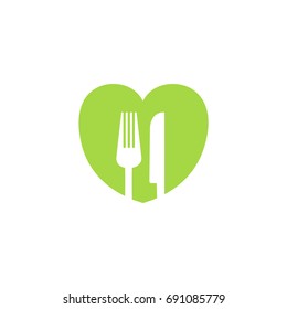 Fork and knife in a green heart shape. Cafe or restaurant menu cover, logo, emblem. Vector illustration.