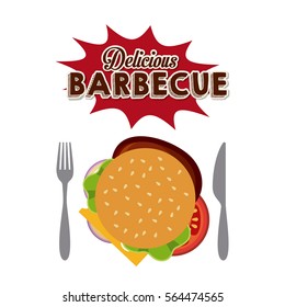 fork and knife with hamburger over white background. delicious barbecue concept. colorful design. vector illustration