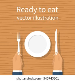 Fork knife in hand man. Sitting at a wooden table with an empty plate. Template for design. Ready to eat concept. Group layers. Top view. Vector illustration flat style. Isolated on background.