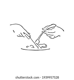 
Fork and knife in hands taking food  and feeding human, original outline illustration. Simple small restaurant logo graphic. Human heaving lunch, fast sketch. Eating meal served on the table symbol.