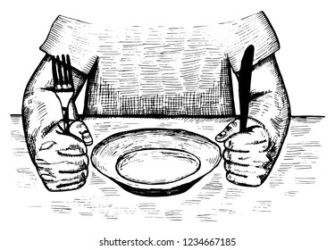 fork and knife in the hands of a vector sketch. man at the table in isolation