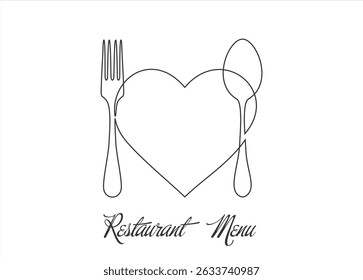 fork, knife, heart minimalist vector web banner, background. One continuous line drawing with text Cooked with love.
