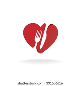 Fork And Knife With Heart Shape Lovely Food Logo. Cutlery Sign.