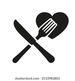 Fork And Knife With Heart Silhouette Icon, Love Healthy Food And Dining. Organic Nutrition, Meal Enjoyment, Wellness Concept. Isolated Vector Illustration.