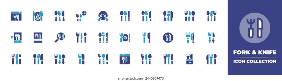 Fork and knife icon collection. Duotone color. Vector and transparent illustration. Containing online, cutlery, food, silverware, search, dinner, kitchen utensils, webpage, time to eat, gastronomy. 