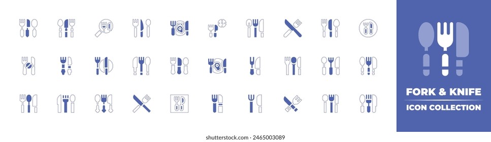 Fork and knife icon collection. Duotone style line stroke and bold. Vector illustration. Containing cutlery, fork, knife, appetite, restaurant, silverware, search, time to eat, dinner, gastronomy.