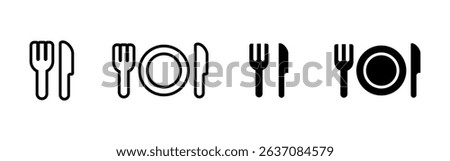 Fork and knife icon. Cutlery set with optional plate for table setting vector illustration. Dining utensils symbol. Common sign for restaurants, meals, and food service pictogram.