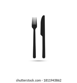 Fork and knife icon flat vector illustration. Black silhouette of the silverware cutlery for dining isolated on a white background designed for restaurant or cafe sign/logo. Simple tableware set V1