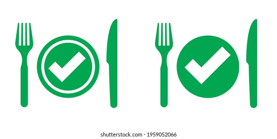 Fork and knife icon. Food safety concept. Ready to eat healthy food. Funny vector logo sign for dinner, breakfast, lunch meal check. Good service. Right and wrong. Eco check