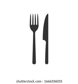 Fork and knife icon logo. Simple flat shape sign. Restaurant cafe kitchen diner place menu symbol. Vector illustration image. Black silhouette isolated on white background.