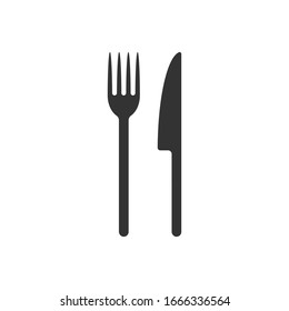 Fork and knife icon logo. Simple flat shape sign. Restaurant cafe kitchen diner place menu symbol. Vector illustration image. Black silhouette isolated on white background.