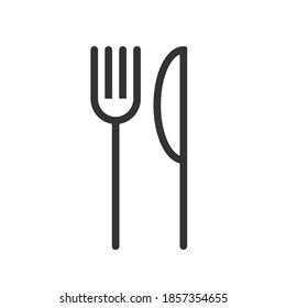 Logo del icono de la horquilla y del cuchillo. Restaurante sencillo de forma plana o cartel de la cafetería. Símbolo de menú de cocina y de cena. Imagen de la ilustración del vector. Silueta negra aislada sobre fondo blanco.