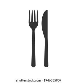 Fork and knife icon logo. Simple flat shape restaurant or cafe place sign. Kitchen and diner menu symbol. Vector illustration image. Black silhouette isolated on white background.