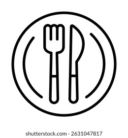 Fork and knife icon, representing dining and mealtime. Symbolizes restaurants, food service, eating utensils, meals, and culinary experiences