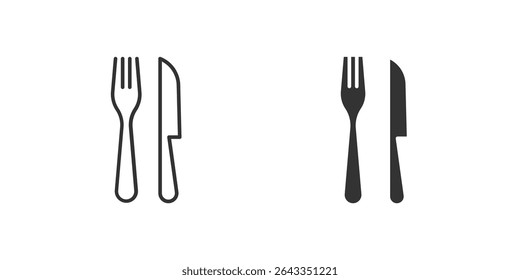 Fork Knife Icon Set. A black icon of a fork and knife, representing dining or cuisine.
