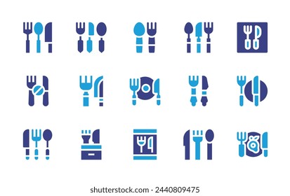 Fork and knife icon set. Duotone color. Vector illustration. Containing cutlery, fork, spoon, appetite, restaurant, online, silverware.