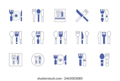 Fork and knife icon set. Duotone style line stroke and bold. Vector illustration. Containing cutlery, food and restaurant, spoon, food, dinner, restaurant, gastronomy.