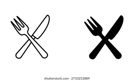 Conjunto de iconos de tenedor y cuchillo, símbolo de utensilios de comedor mínimos, línea y Vector sólido
