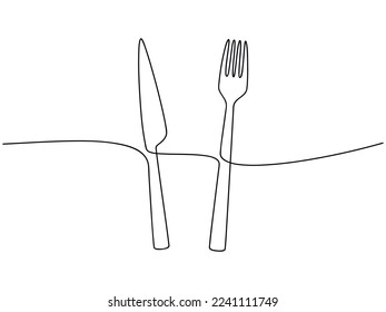 Fork and knife icon set top view vector one line continuous drawing illustration. Hand drawn linear silhouette. Minimal outline design element for print, banner, card, brochure, poster, menu.