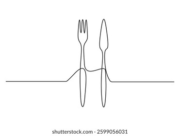 Fork and knife icon set top view vector one-line continuous drawing illustration. Hand drawn linear silhouette. Minimal outline design element for print. Graphic illustration