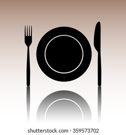 Fork and Knife Icons. Black vector illustration with reflection.