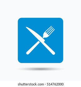 Fork and knife icons. Cutlery symbol. Blue square button with flat web icon. Vector