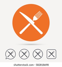 Fork and knife icons. Cutlery symbol. Circle, speech bubble and star buttons. Flat web icons. Vector