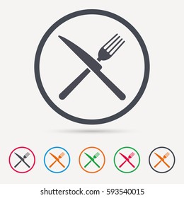 Fork and knife icons. Cutlery symbol. Round circle buttons. Colored flat web icons. Vector