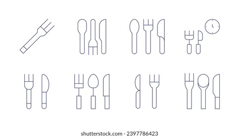 Iconos de la horquilla y del cuchillo. Trazo editable. Con tiempo para comer, cubiertos, restaurante.