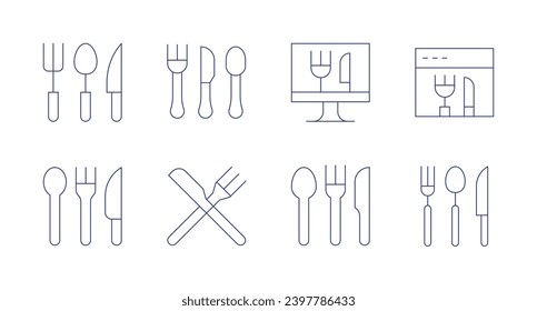 Iconos de la horquilla y del cuchillo. Trazo editable. Conteniendo en línea, restaurante, cubiertos, tenedor, dieta.