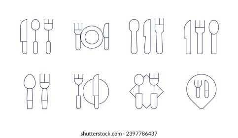 Fork and knife icons. Editable stroke. Containing dinner, cutlery, restaurant, spoon.