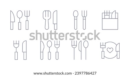 Fork and knife icons. Editable stroke. Containing cutlery, food, kitchen utensils, restaurant, baby cutlery.