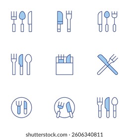 Fork and knife icons set. Line Duotone style, editable stroke. cutlery, restaurant.