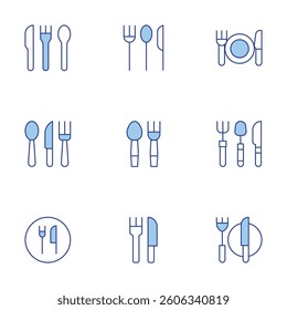 Fork and knife icons set. Line Duotone style, editable stroke. dinner, restaurant, cutlery, spoon.