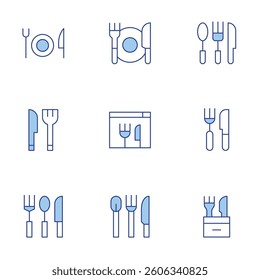 Fork and knife icons set. Line Duotone style, editable stroke. eat, cutlery, restaurant, online.