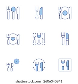 Fork and knife icons set. Line Duotone style, editable stroke. food, time to eat, cutlery, lunch time, knife, restaurant.