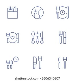 Fork and knife icons set. Thin Line style, editable stroke. cutlery, food, time to eat, lunch time, restaurant.