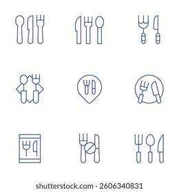 Fork and knife icons set. Thin Line style, editable stroke. cutlery, online, appetite, fork.