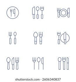 Fork and knife icons set. Thin Line style, editable stroke. dinner, restaurant, cutlery, spoon.