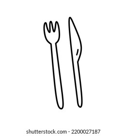 Horquilla y cuchillo aislados en fondo blanco. Cubertería. Ilustración de vectores dibujada a mano en estilo doodle. Perfecto para tarjetas, decoraciones, logotipo, menú, varios diseños.