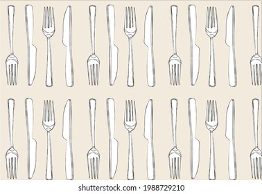 Horquilla y cuchillo, cubiertos de cocina, patrón sin costuras. Fondo de cocina y textura. Manteles para cafetería o restaurante. Patrón para productos textiles de cocina. Ilustración vectorial.