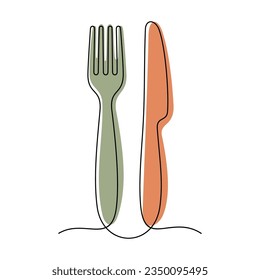 Fork and knife kitchen utensils continuous line colourful vector illustration