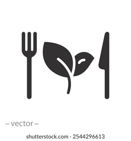 Tenedor con el cuchillo y la hoja, ícono de la comida sana, comida fresca orgánica, ensalada vegana, nutrición para el restaurante vegetariano, dieta de la comida, Ilustración vectorial plana