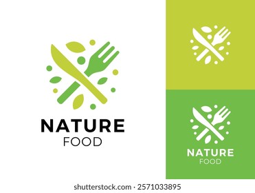 fork and knife leaf logo. health, restaurant, food nature symbol vector design