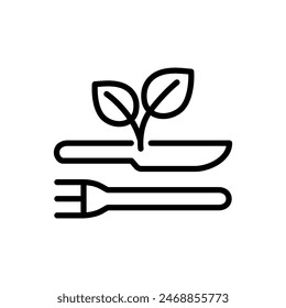 Fork and knife with leaves outline icon. Eco friendly cutlery symbol. Editable stroke. Isolated vector illustration 