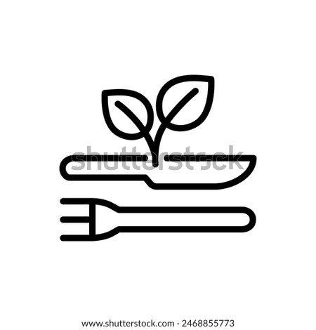 Fork and knife with leaves outline icon. Eco friendly cutlery symbol. Editable stroke. Isolated vector illustration 