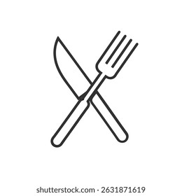 fork and knife line art icon with white background.